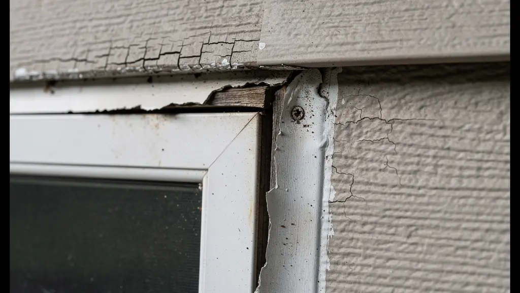 Gros plan sur joint de calfeutrage craquelé autour d'un cadre de fenêtre résidentielle