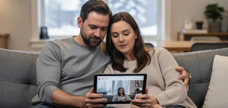 Couple québécois comparant des options d'assurance habitation sur tablette dans leur salon