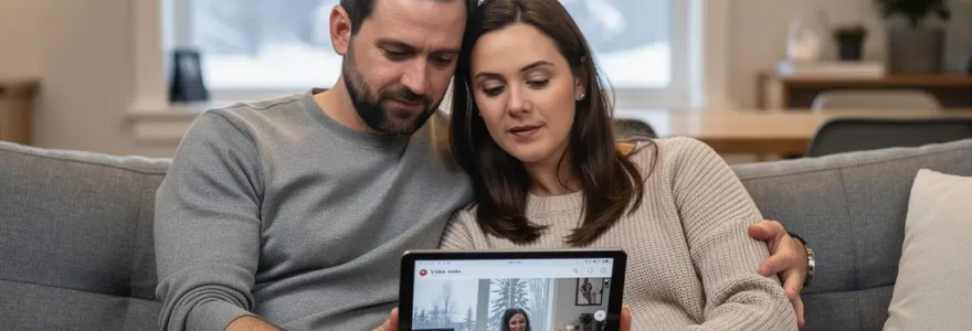 Couple québécois comparant des options d'assurance habitation sur tablette dans leur salon