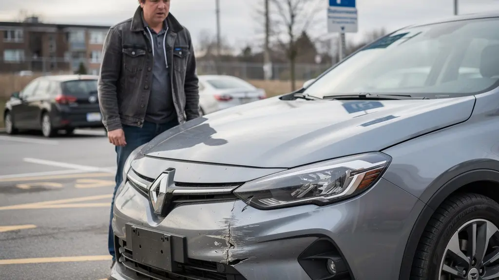 Dommage mineur sur un pare-chocs de véhicule dans un stationnement urbain