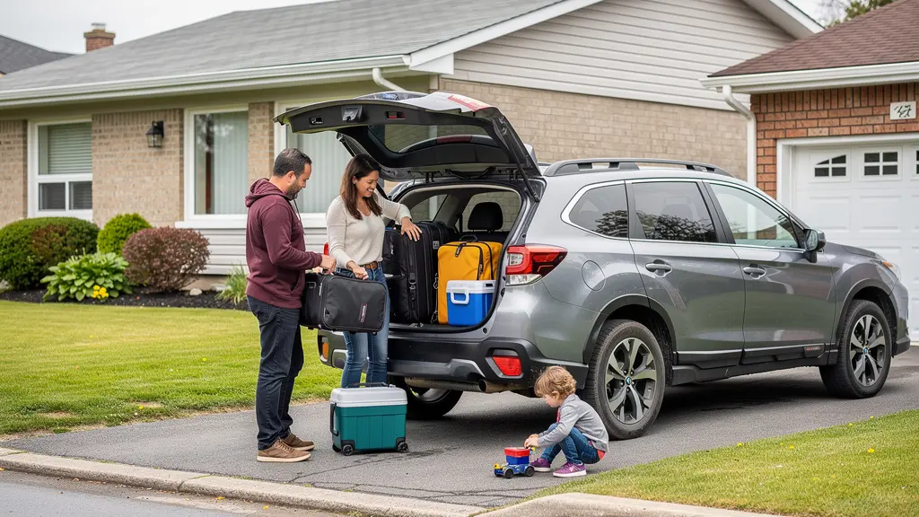 Famille québécoise chargeant leur VUS pour un départ en fin de semaine