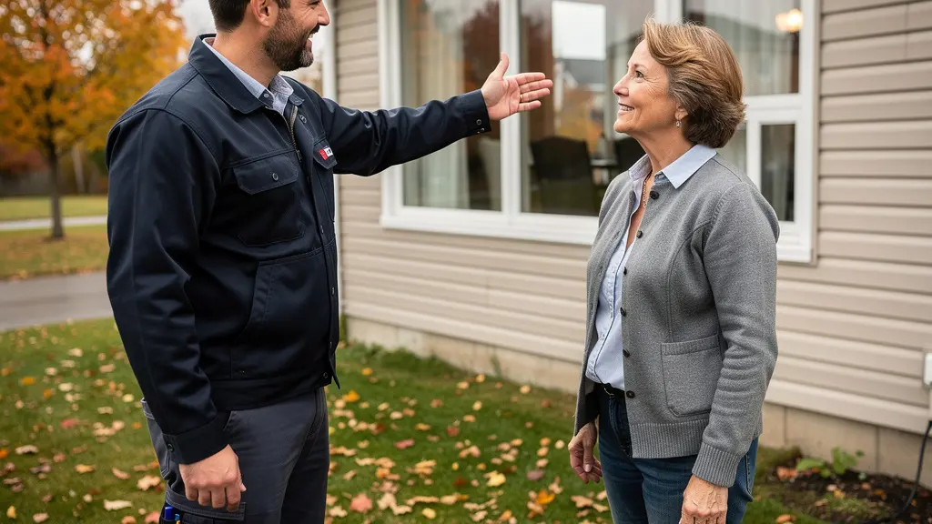 Technicien en calfeutrage expliquant l'état des joints à une propriétaire devant une maison québécoise