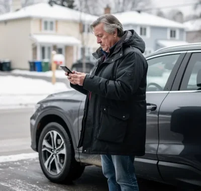 Propriétaire québécois consultant son téléphone près de son VUS dans une entrée de garage résidentielle