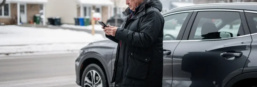 Propriétaire québécois consultant son téléphone près de son VUS dans une entrée de garage résidentielle