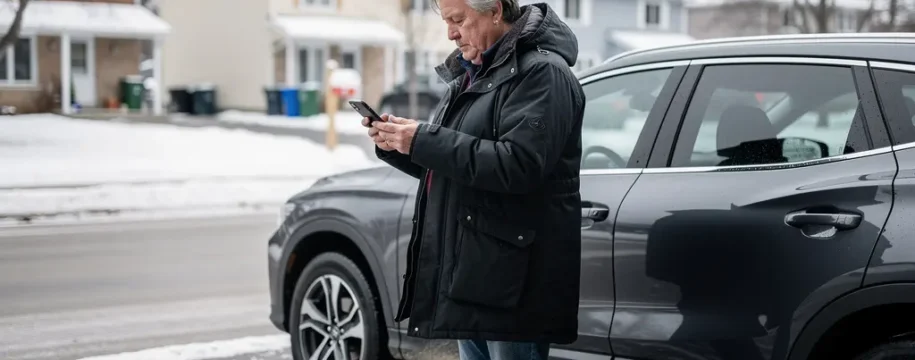 Propriétaire québécois consultant son téléphone près de son VUS dans une entrée de garage résidentielle