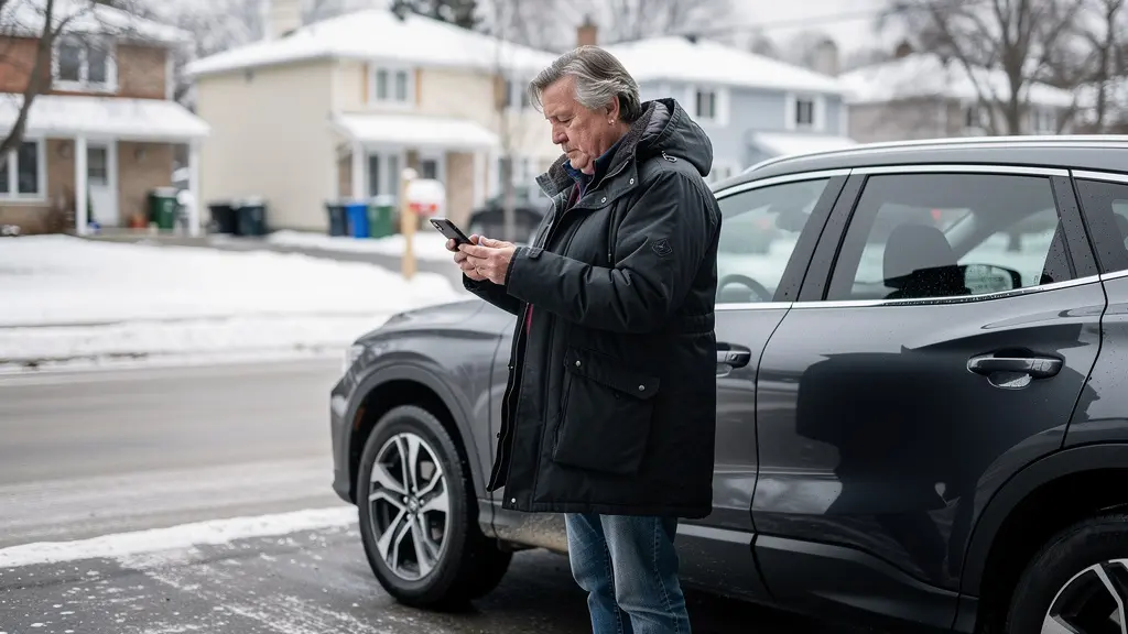 Propriétaire québécois consultant son téléphone près de son VUS dans une entrée de garage résidentielle