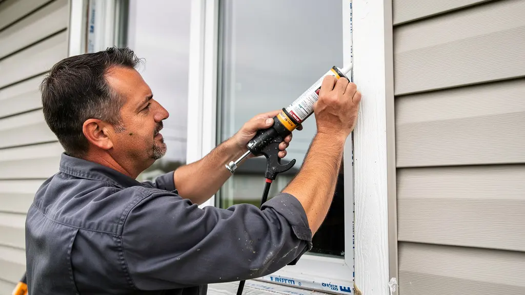 Professionnel en tenue de travail appliquant du scellant autour d'une fenêtre résidentielle