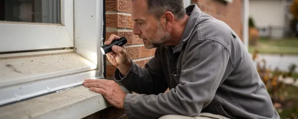 Technicien inspectant le calfeutrage extérieur d'une fenêtre résidentielle au Québec