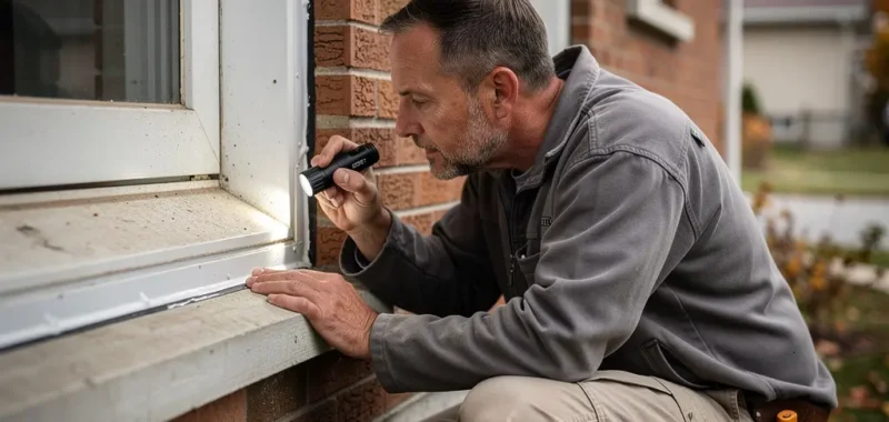 Technicien inspectant le calfeutrage extérieur d'une fenêtre résidentielle au Québec
