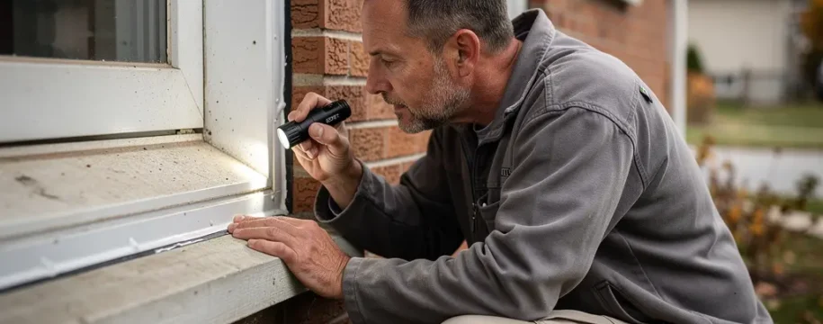 Technicien inspectant le calfeutrage extérieur d'une fenêtre résidentielle au Québec
