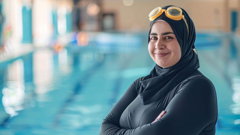 Deux femmes de morphologies différentes en burkini discutant au bord d'une piscine
