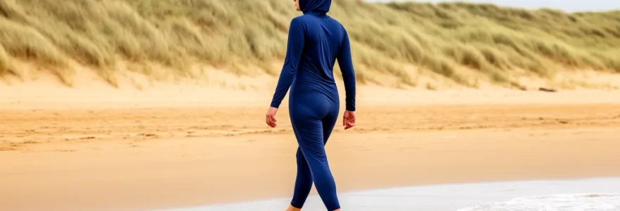 Femme en burkini marchant détendue au bord de l'eau sur une plage française