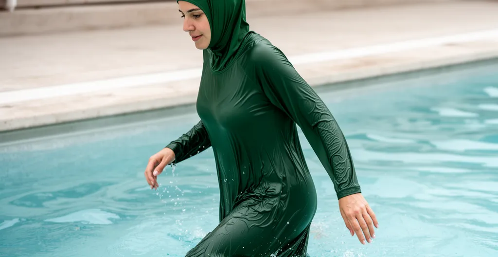 Femme sortant de piscine avec burkini ample qui ne colle pas au corps