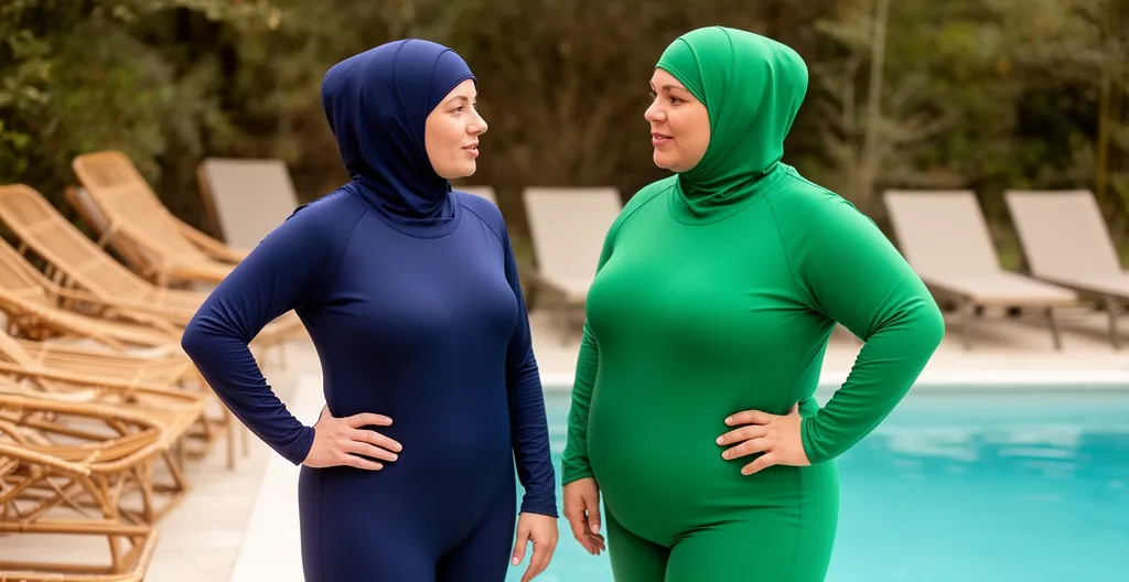 Deux femmes de morphologies différentes en burkini discutant au bord d'une piscine