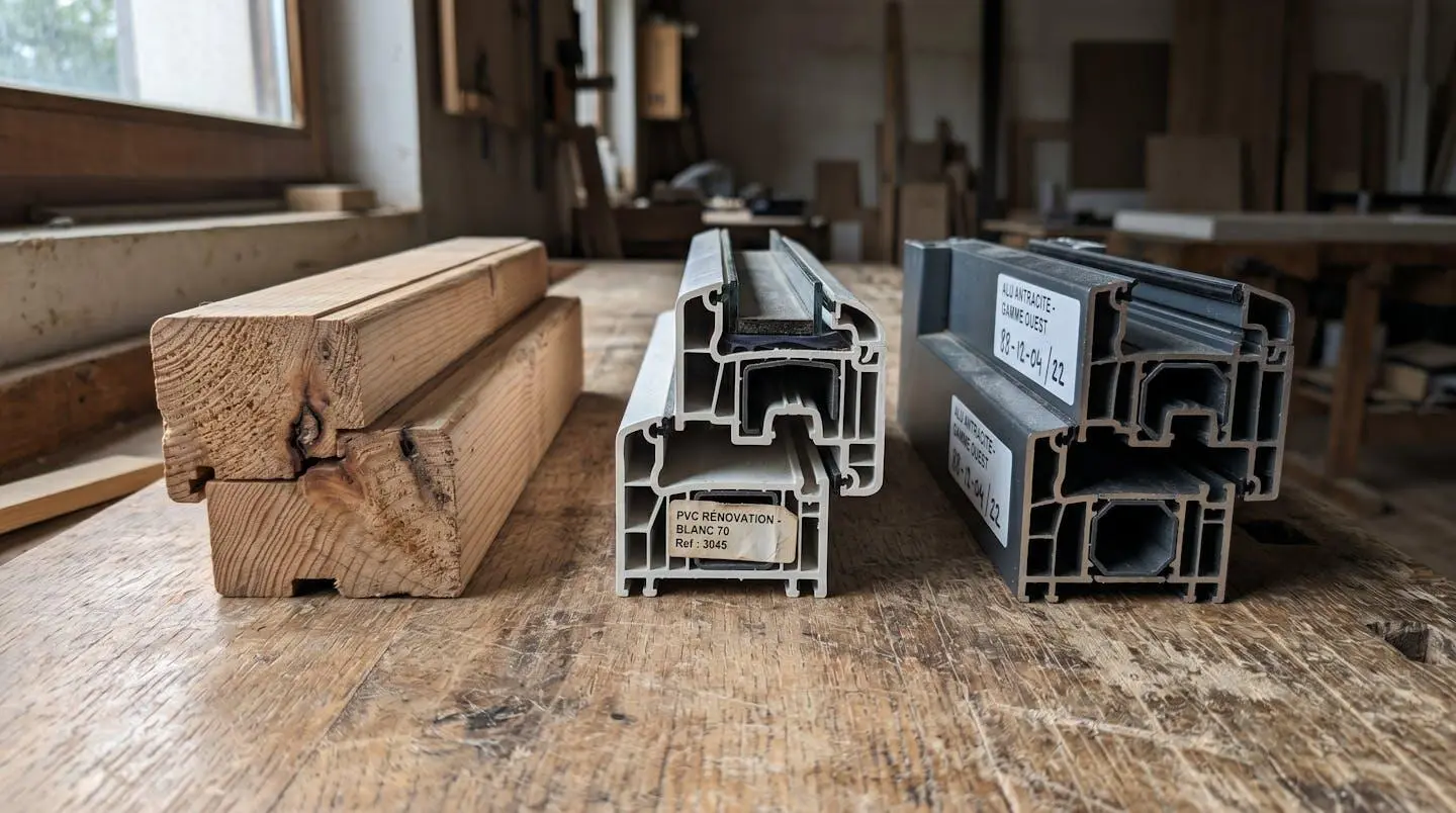 Trois échantillons de matériaux pour fenêtres : bois, PVC blanc et aluminium gris.