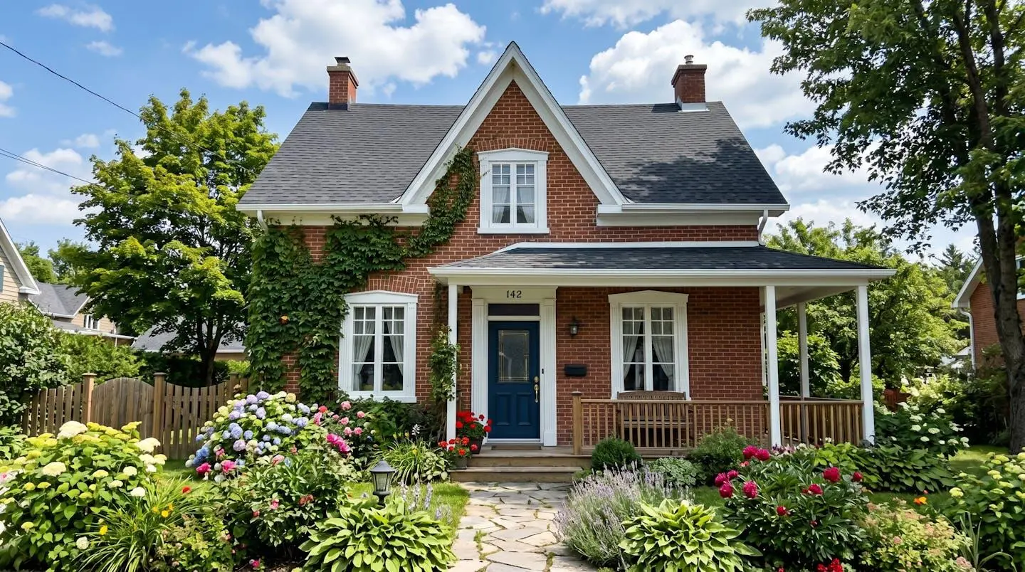Façade d'une maison québécoise avec une nouvelle porte d'entrée en bois et des fenêtres modernes.