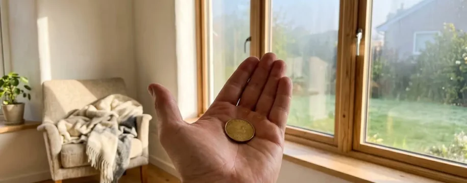 Une main tenant une pièce de monnaie devant une fenêtre lumineuse, symbolisant l'investissement dans la rénovation.