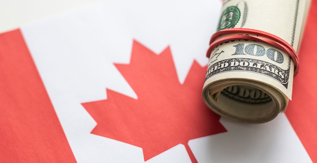 Icône de feuille d'érable verte avec symbole dollar, représentant les économies d'énergie et les subventions au Canada.