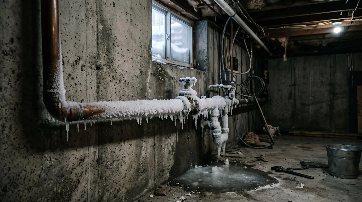 Tuyau de plomberie recouvert de givre dans un sous-sol non chauffé en hiver au Québec