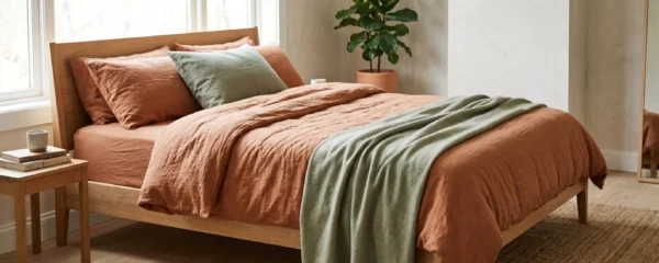 Chambre contemporaine lumineuse avec housse de couette terracotta sur lit king size, mobilier bois clair et lumière naturelle latérale