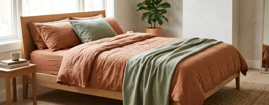 Chambre contemporaine lumineuse avec housse de couette terracotta sur lit king size, mobilier bois clair et lumière naturelle latérale