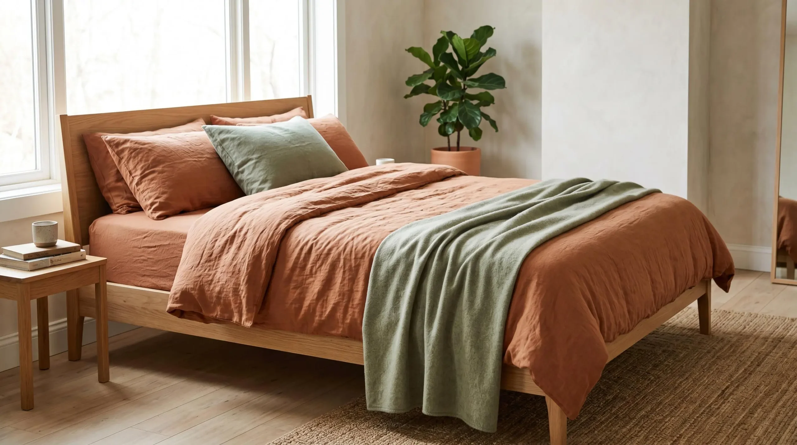 Chambre contemporaine lumineuse avec housse de couette terracotta sur lit king size, mobilier bois clair et lumière naturelle latérale
