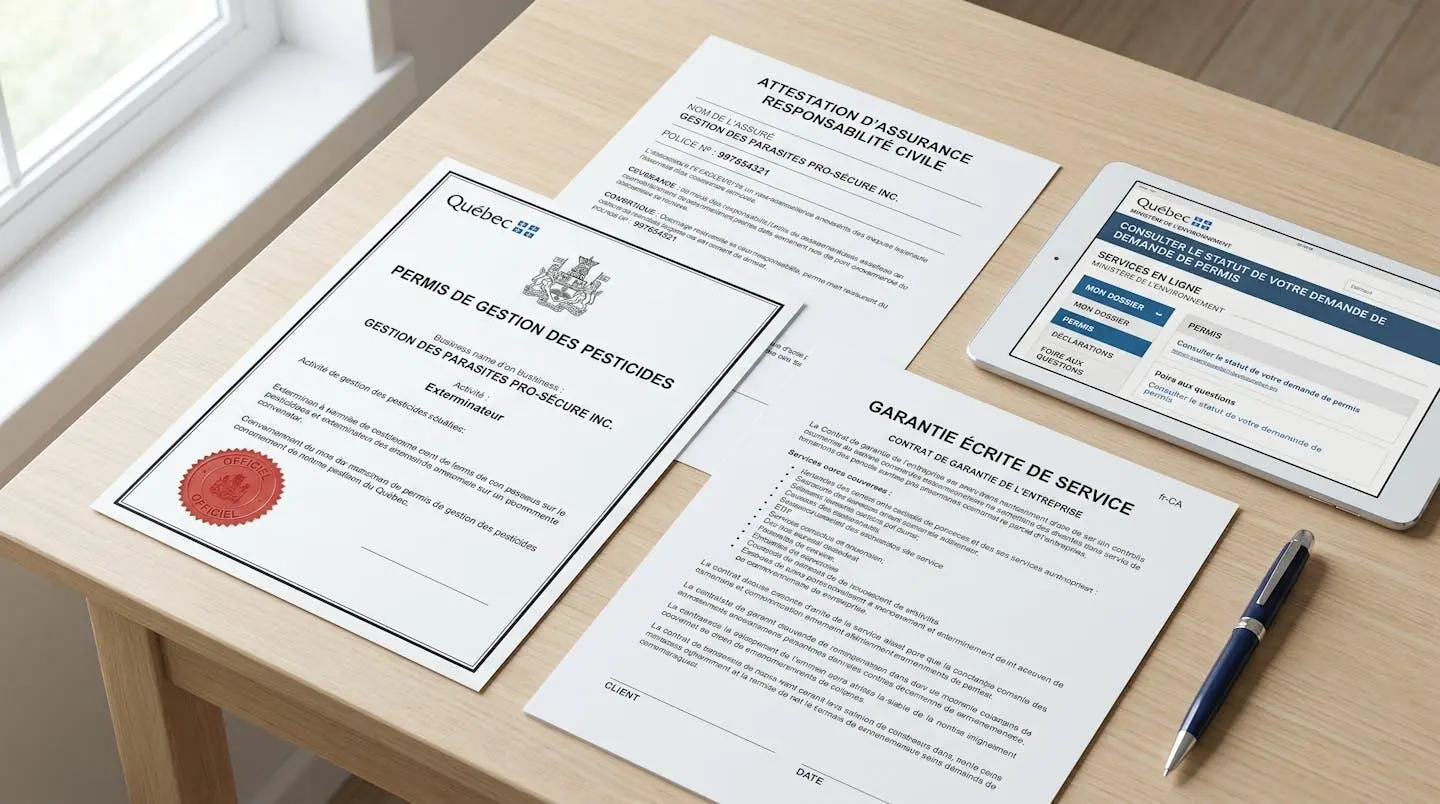 Vue de dessus de documents officiels d'exterminateur : permis de certification provincial en français, attestation d'assurance responsabilité et garantie écrite, disposés sur un bureau contemporain avec tablette affichant le site du MELCCFP