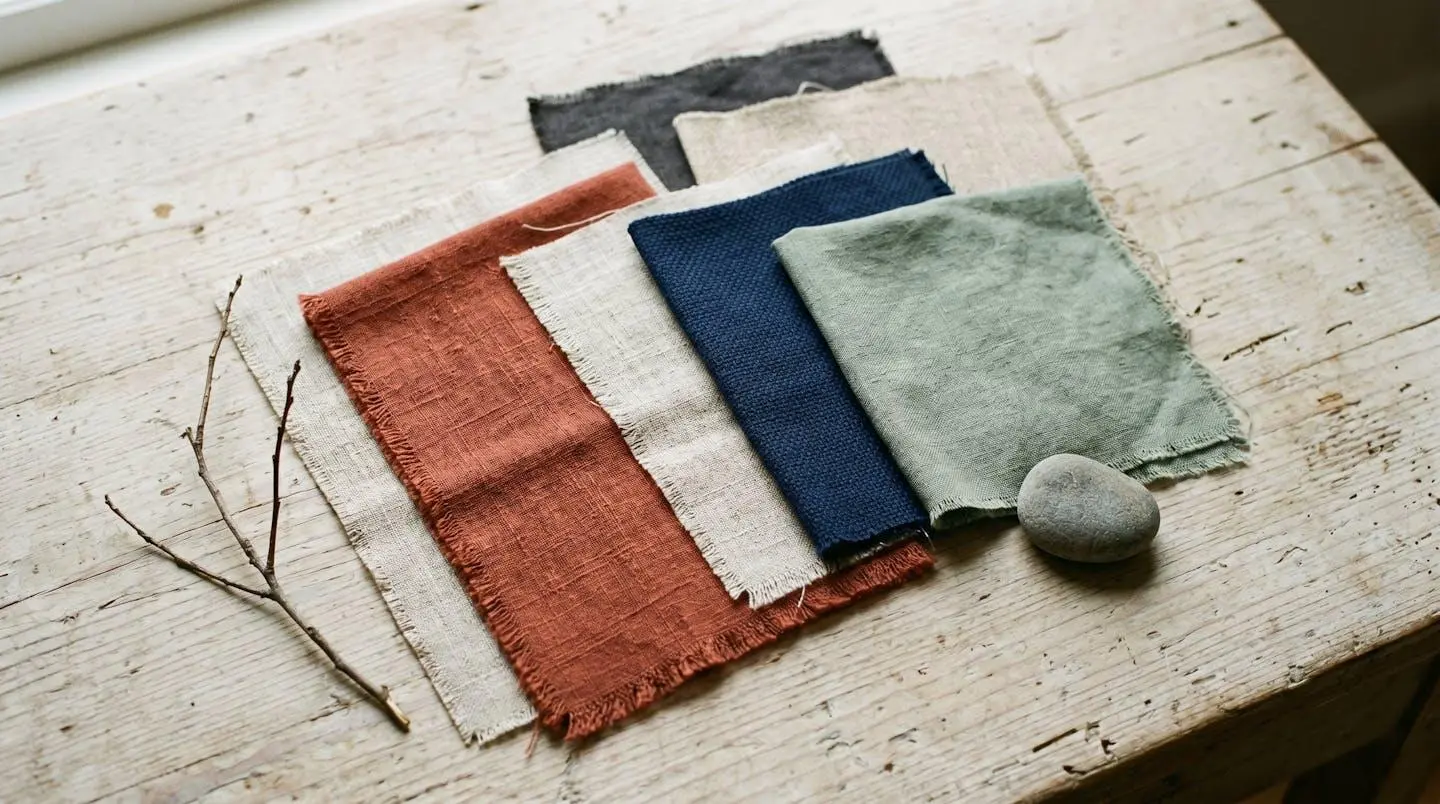 Échantillons textiles disposés en harmonie montrant les couleurs tendance 2026 : terracotta, vert sauge, bleu nuit et lin naturel