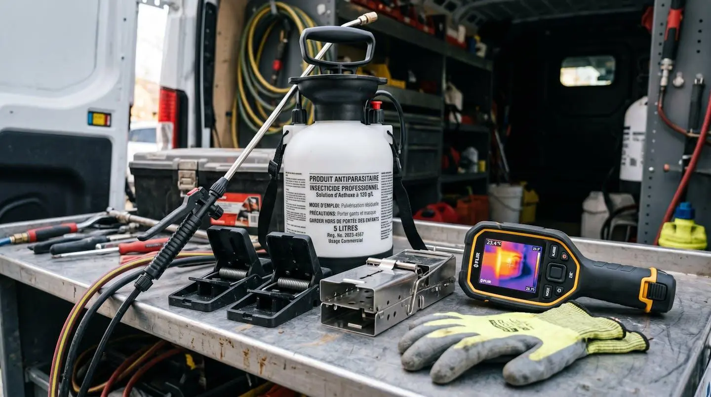 Équipement professionnel d'extermination moderne : pulvérisateur avec étiquette de produit homologué, pièges mécaniques, détecteur thermique numérique et gants de protection, disposés sur une surface de travail de camion de service