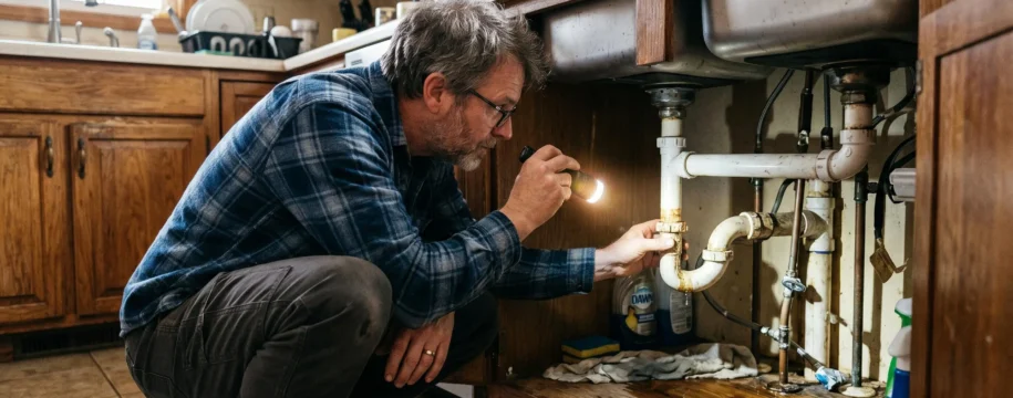Propriétaire accroupi sous un évier de cuisine, inspectant une canalisation avec une lampe de poche