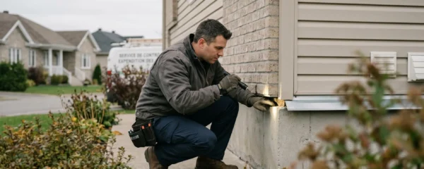 Technicien exterminateur certifié inspectant la fondation d'une maison résidentielle québécoise, accroupi près du sol, examinant un point d'entrée potentiel de nuisibles, en plein jour