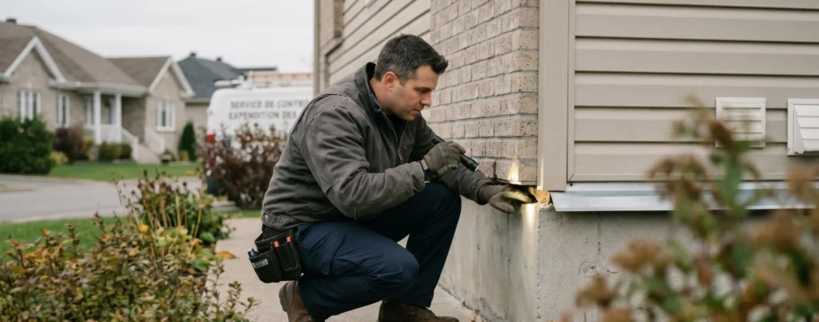 Technicien exterminateur certifié inspectant la fondation d'une maison résidentielle québécoise, accroupi près du sol, examinant un point d'entrée potentiel de nuisibles, en plein jour