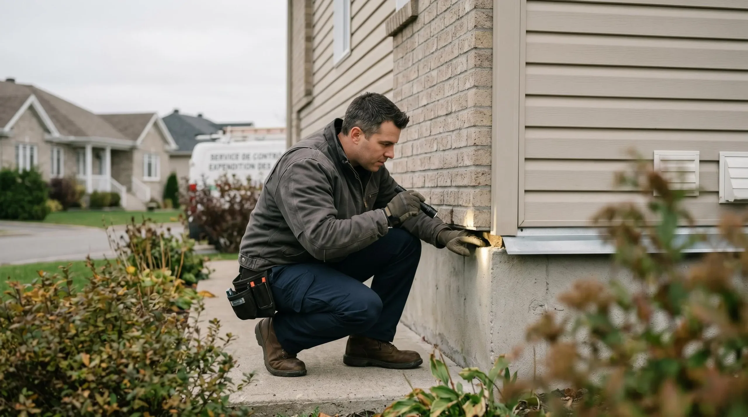 Technicien exterminateur certifié inspectant la fondation d'une maison résidentielle québécoise, accroupi près du sol, examinant un point d'entrée potentiel de nuisibles, en plein jour