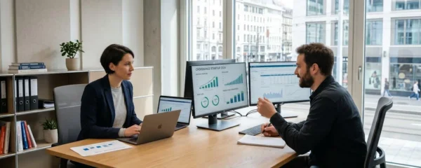 Banquier spécialisé consulting avec entrepreneur dans bureau moderne, écrans affichant données croissance startup