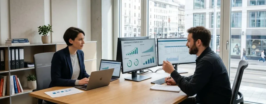 Banquier spécialisé consulting avec entrepreneur dans bureau moderne, écrans affichant données croissance startup