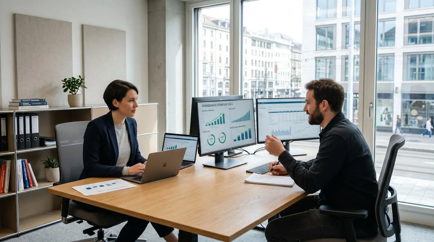 Banquier spécialisé consulting avec entrepreneur dans bureau moderne, écrans affichant données croissance startup