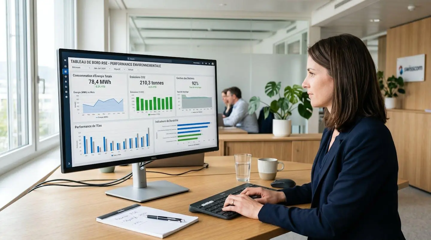 Dashboard de pilotage RSE affiché sur écran professionnel avec indicateurs environnementaux et graphiques de performance énergétique