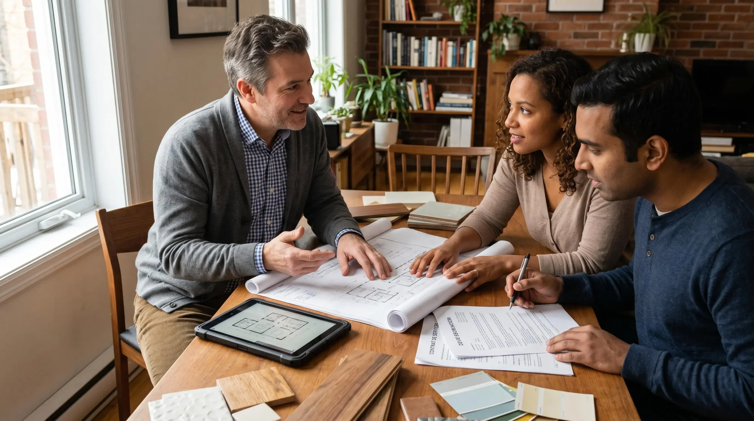Entrepreneur général certifié en consultation avec couple de propriétaires autour d'une table résidentielle, plans de rénovation, soumission et documents contractuels étalés