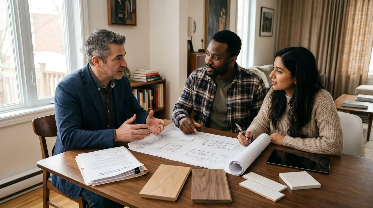 Entrepreneur général certifié en consultation avec couple de propriétaires autour d'une table résidentielle, plans de rénovation, soumission et documents contractuels étalés