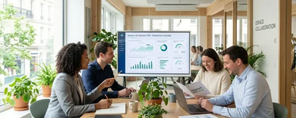 Équipe de collaborateurs analysant des données RSE dans un bureau contemporain éco-responsable avec matériaux durables et éclairage naturel