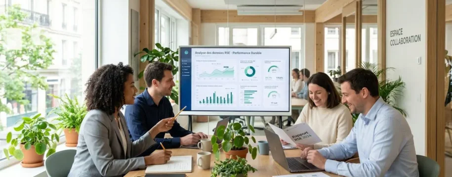 Équipe de collaborateurs analysant des données RSE dans un bureau contemporain éco-responsable avec matériaux durables et éclairage naturel