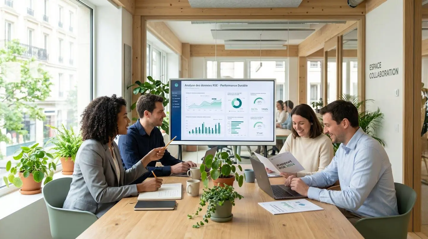Équipe de collaborateurs analysant des données RSE dans un bureau contemporain éco-responsable avec matériaux durables et éclairage naturel