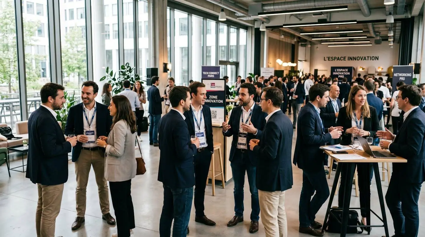 Événement networking startup avec entrepreneurs et investisseurs en discussion dans espace moderne