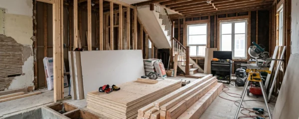 Intérieur d'un duplex montréalais des années 1950 en rénovation majeure, murs ouverts révélant la structure, matériaux de construction et outils professionnels visibles, lumière naturelle