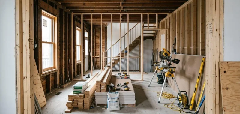 Intérieur d'un duplex montréalais des années 1950 en rénovation majeure, murs ouverts révélant la structure, matériaux de construction et outils professionnels visibles, lumière naturelle