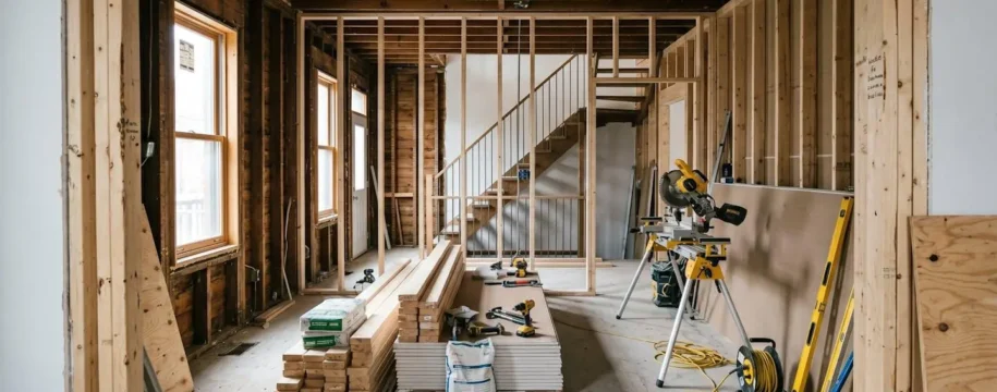 Intérieur d'un duplex montréalais des années 1950 en rénovation majeure, murs ouverts révélant la structure, matériaux de construction et outils professionnels visibles, lumière naturelle