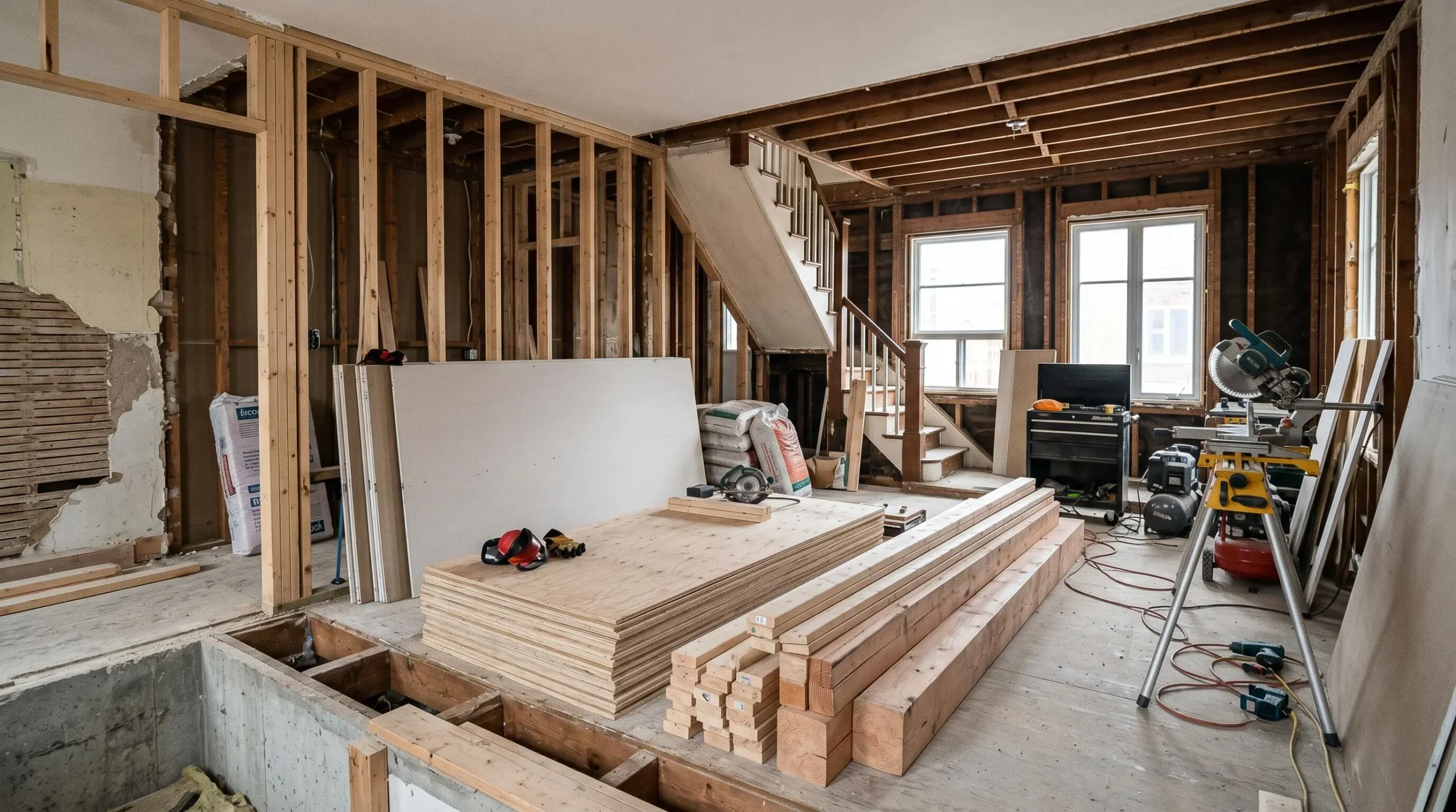 Intérieur d'un duplex montréalais des années 1950 en rénovation majeure, murs ouverts révélant la structure, matériaux de construction et outils professionnels visibles, lumière naturelle
