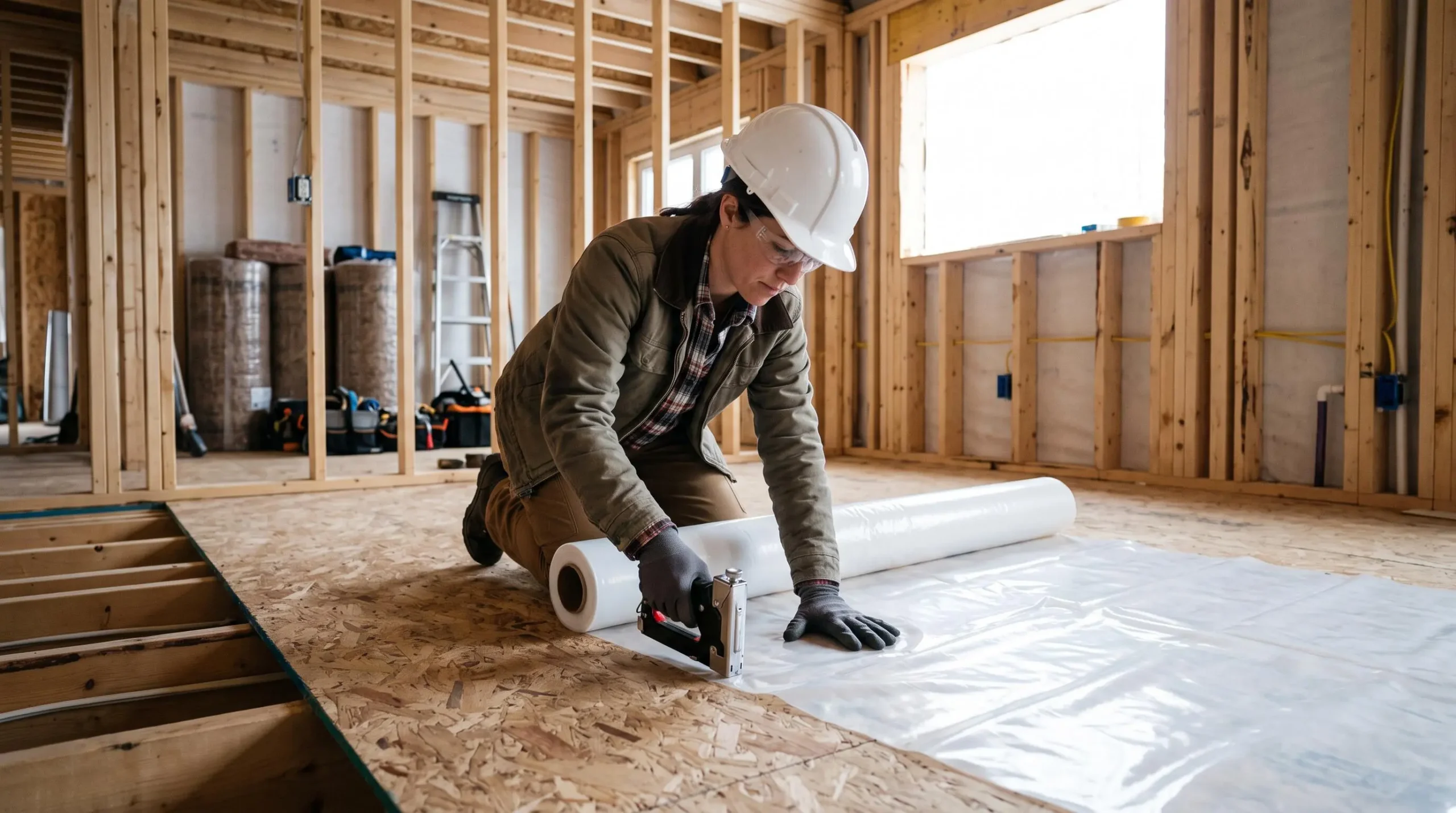 Professionnel du bâtiment installant pare-vapeur polyéthylène sur sous-plancher OSB dans chantier résidentiel québécois