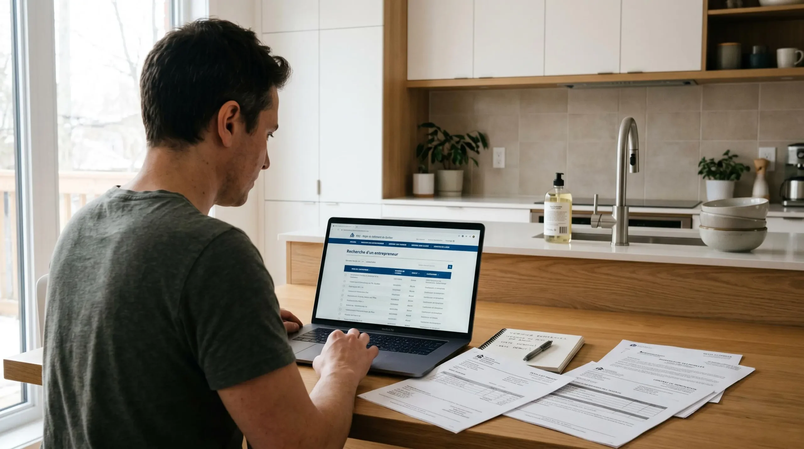 Propriétaire consultant sur ordinateur portable le registre en ligne de la RBQ pour vérifier la licence d'un entrepreneur, documents de soumission sur table de cuisine