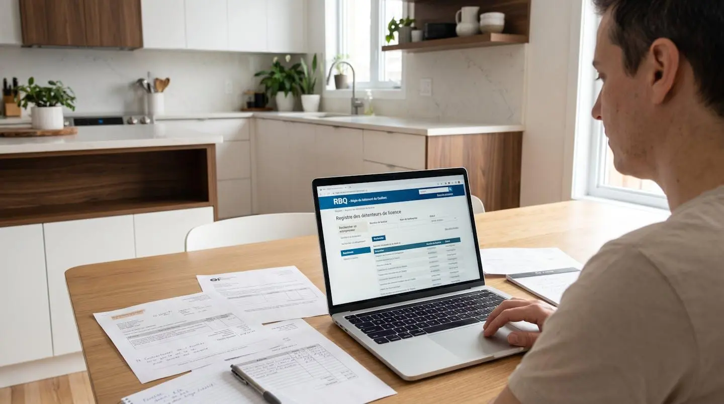 Propriétaire consultant sur ordinateur portable le registre en ligne de la RBQ pour vérifier la licence d'un entrepreneur, documents de soumission sur table de cuisine